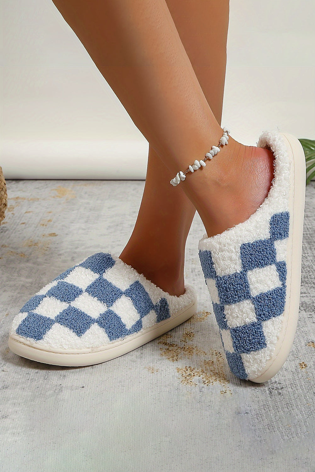 Checkered Fuzzy Slip-On Slippers