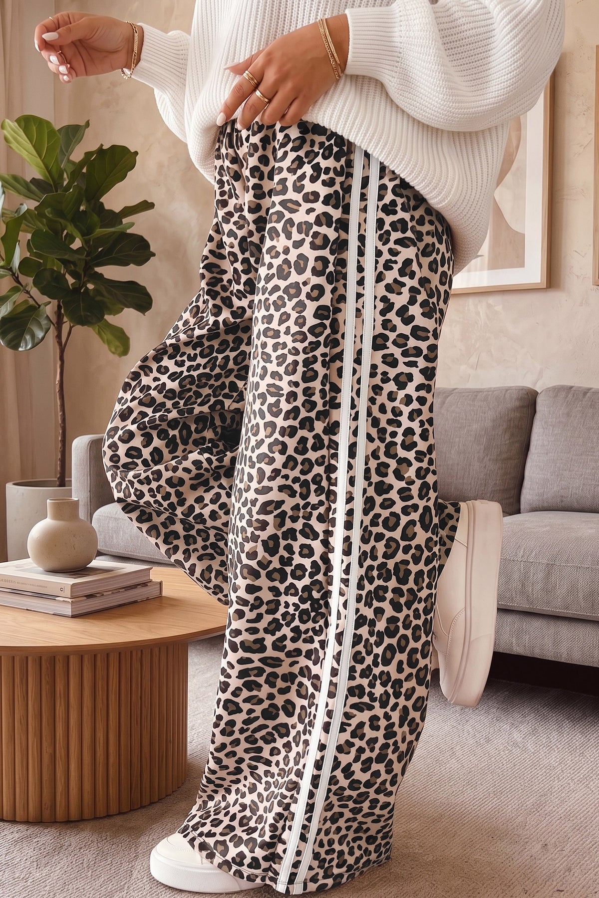 Leopard Side Stripe Wide Leg Pants