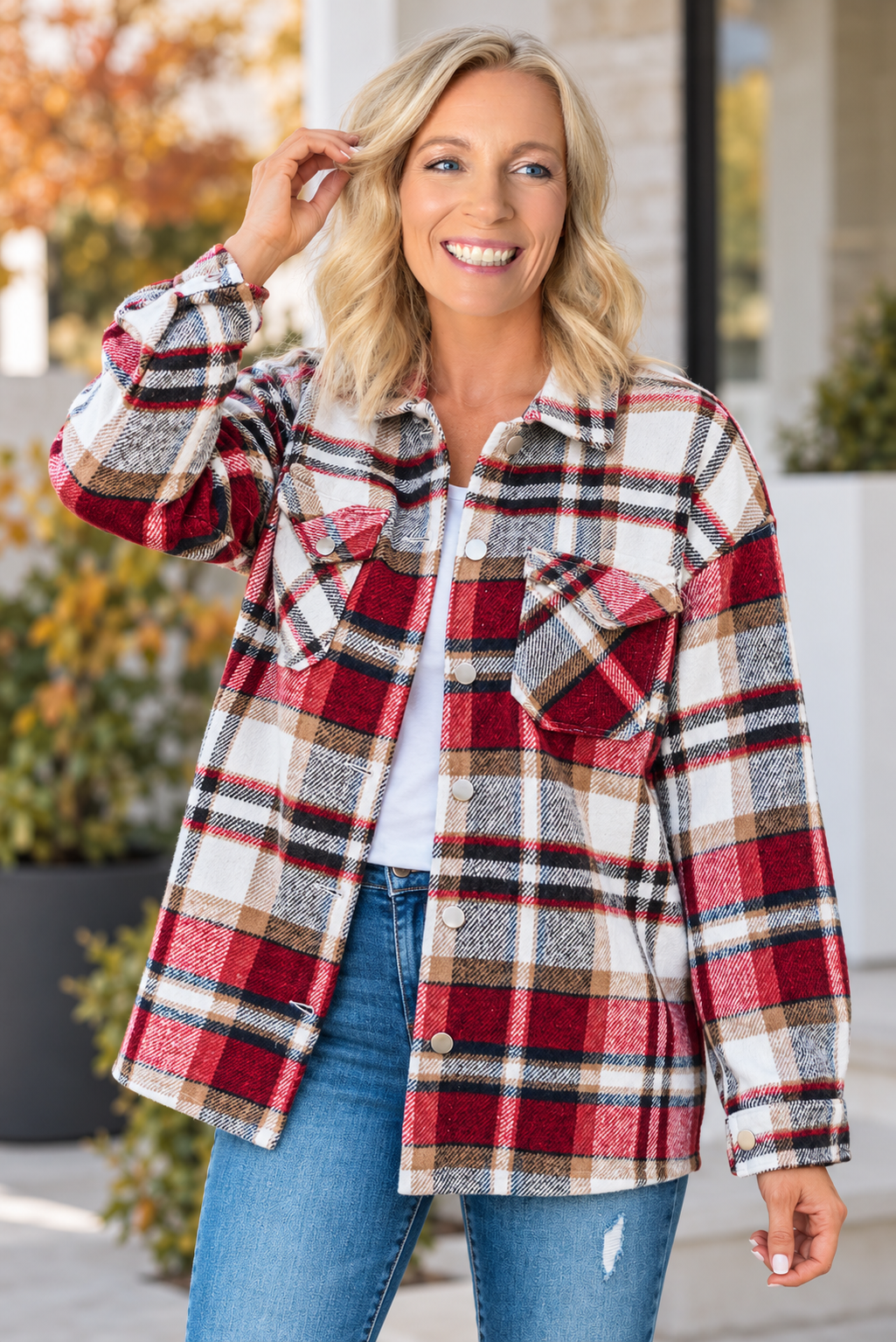 Geometric Plaid Pocket Shacket