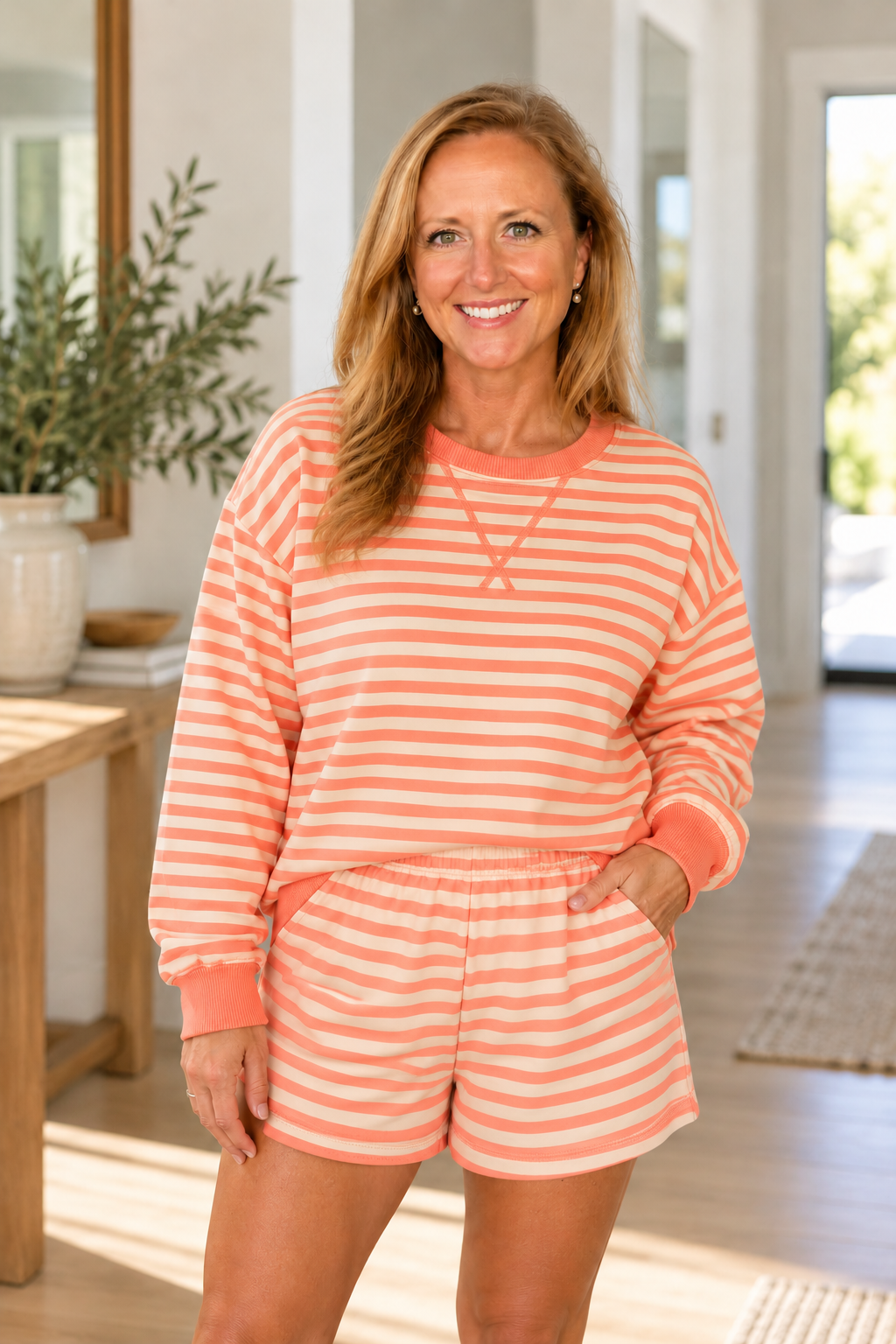 Striped Drop Shoulder Lounge Short Set