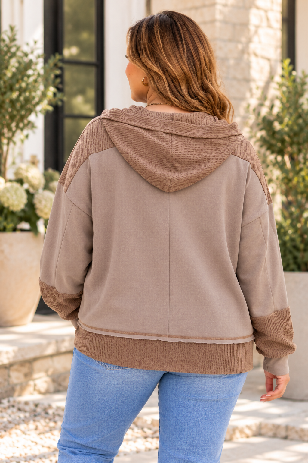 Mineral Wash Waffle Knit Patchwork Hoodie