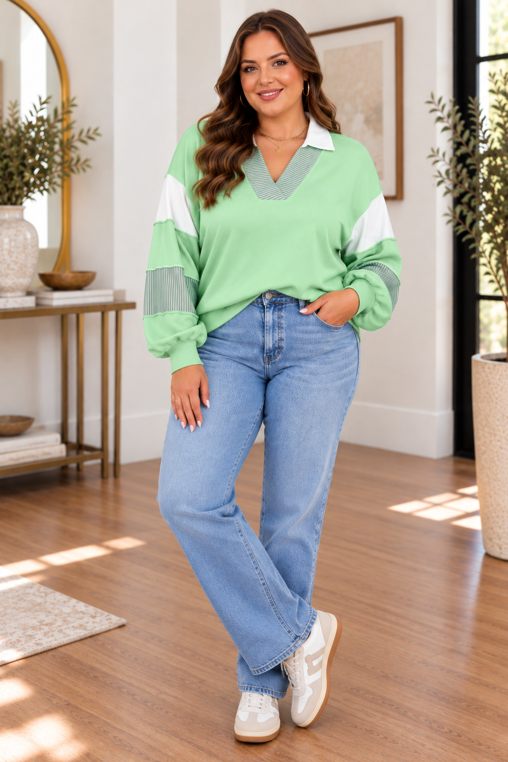 Colorblock Patchwork V-Neck Sweatshirt