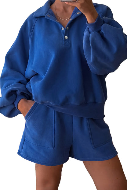 Dark Blue Half Button Puff Sleeve Relaxed Pullover and Shorts 2pcs Outfit