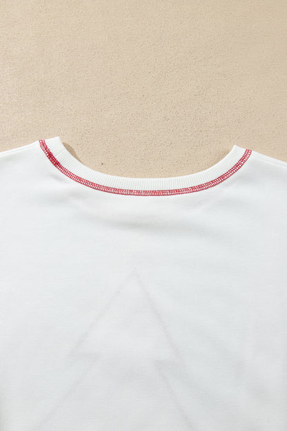 White Striped Contrast Christmas Tree Patchwork Puff Sleeve Top