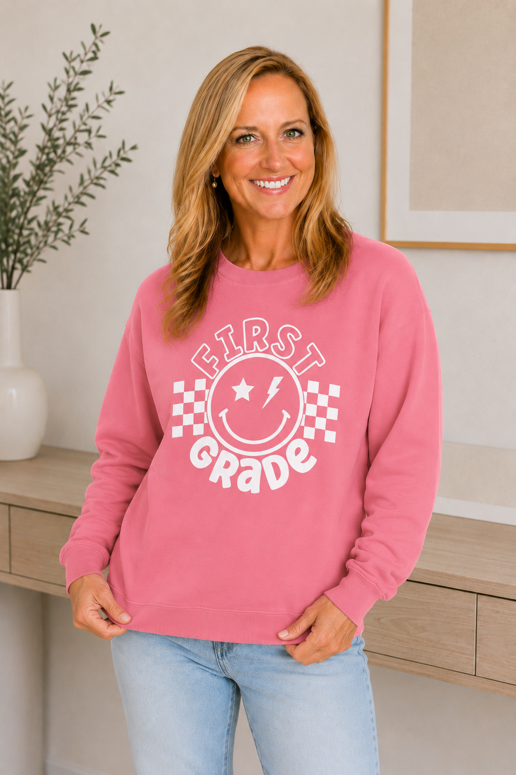 First Grade Smiley Crewneck Sweatshirt