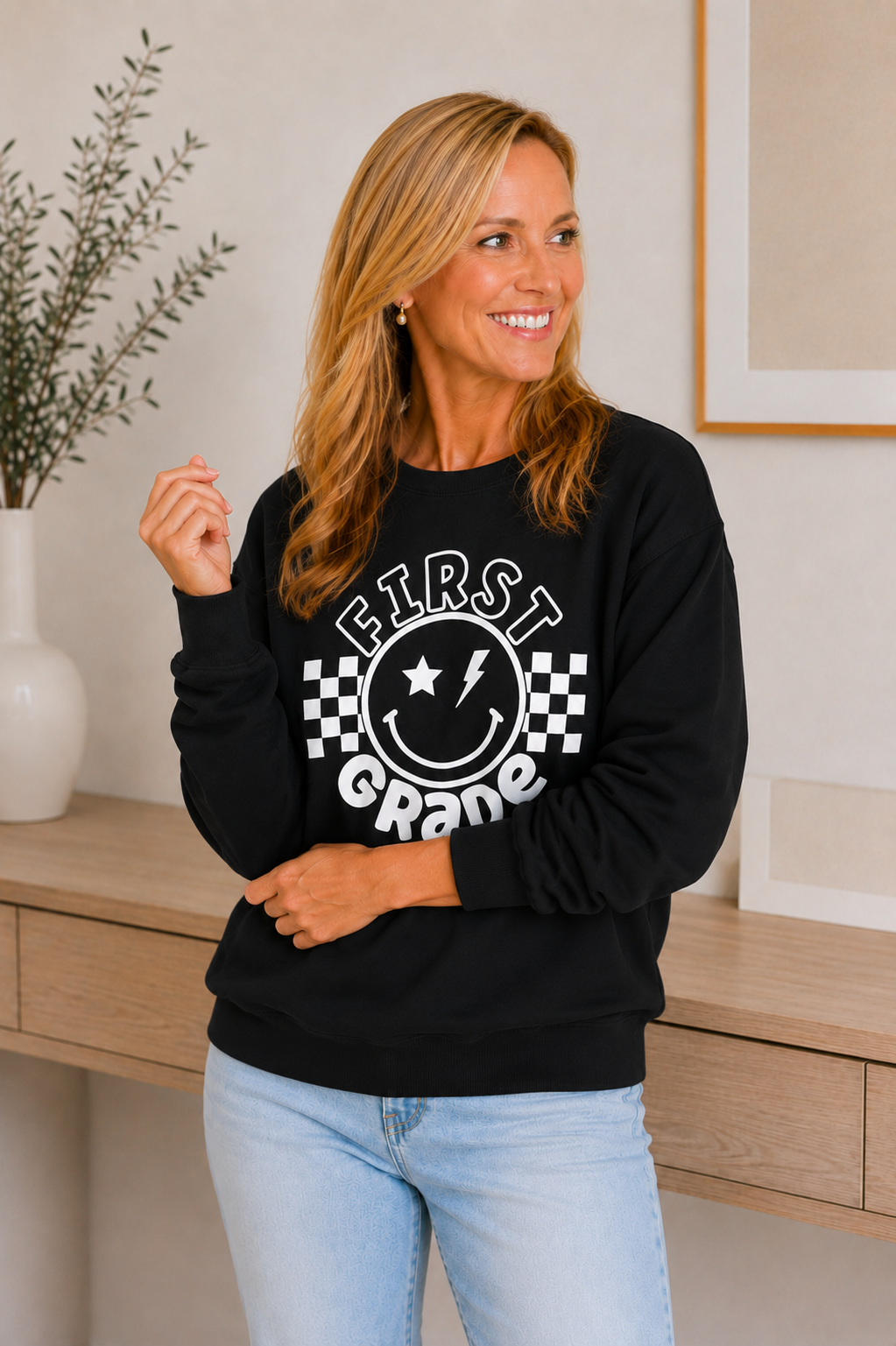 First Grade Smiley Crewneck Sweatshirt