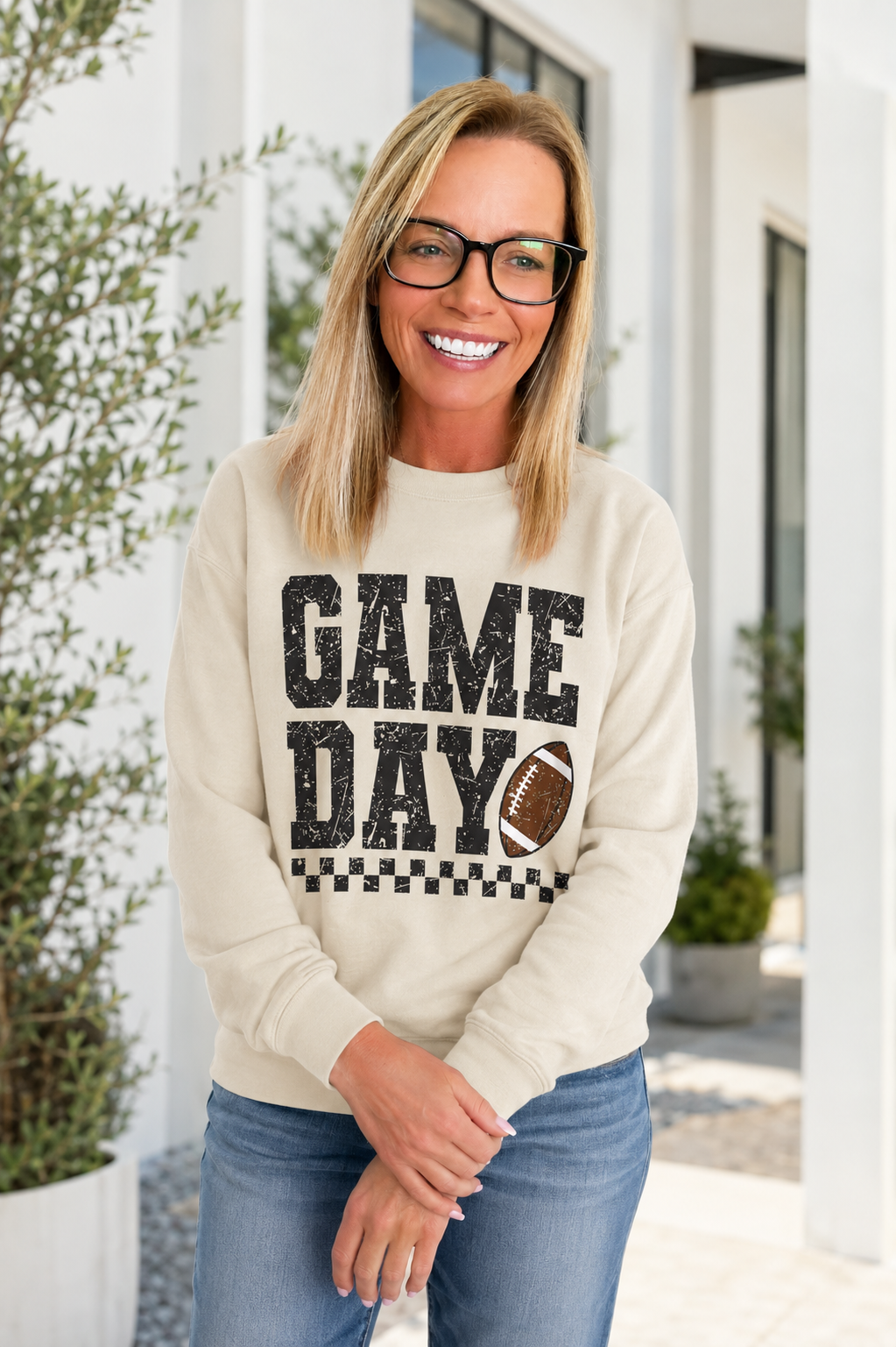 Game Day Distressed Football Crewneck Sweatshirt