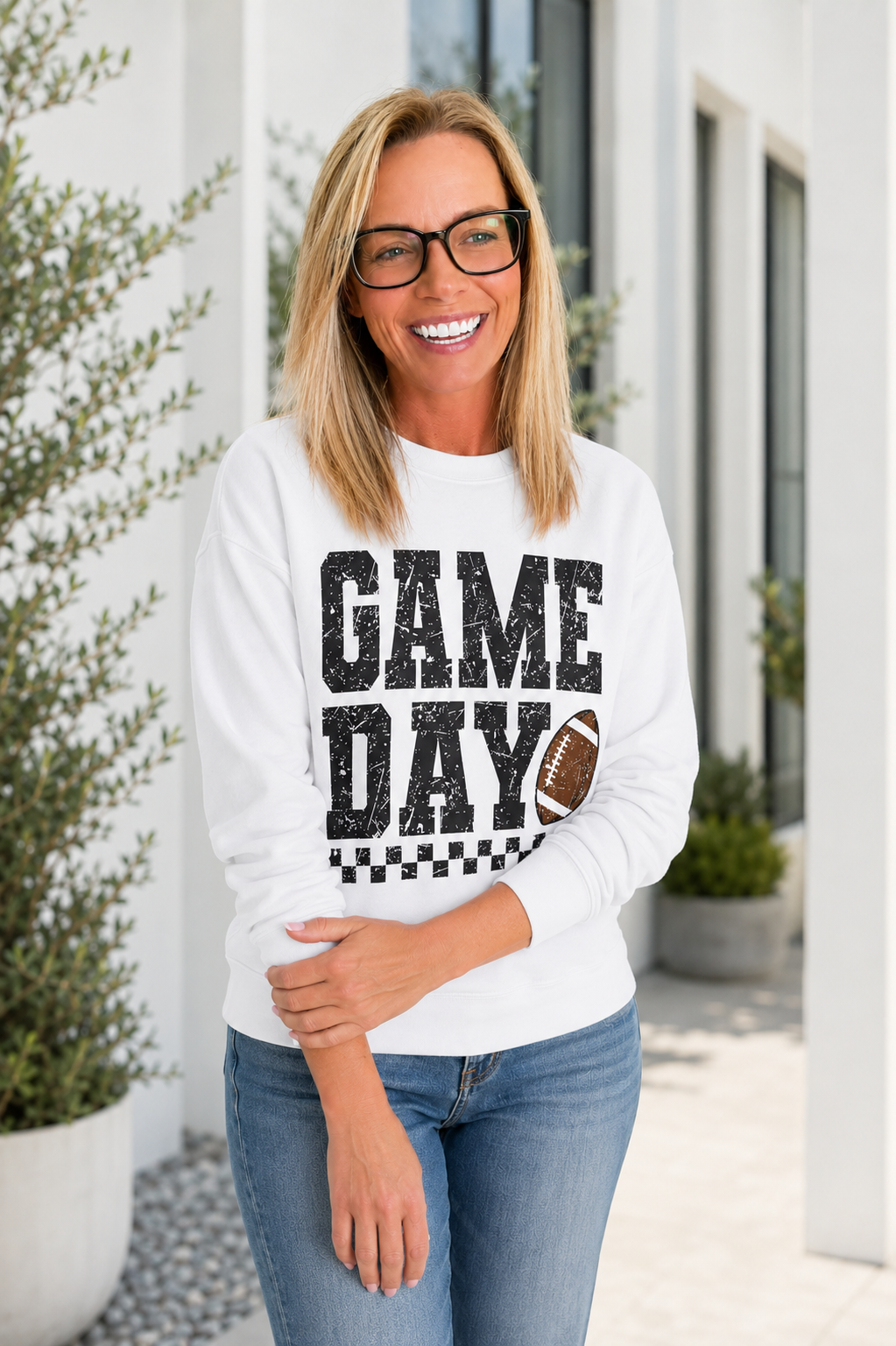 Game Day Distressed Football Crewneck Sweatshirt