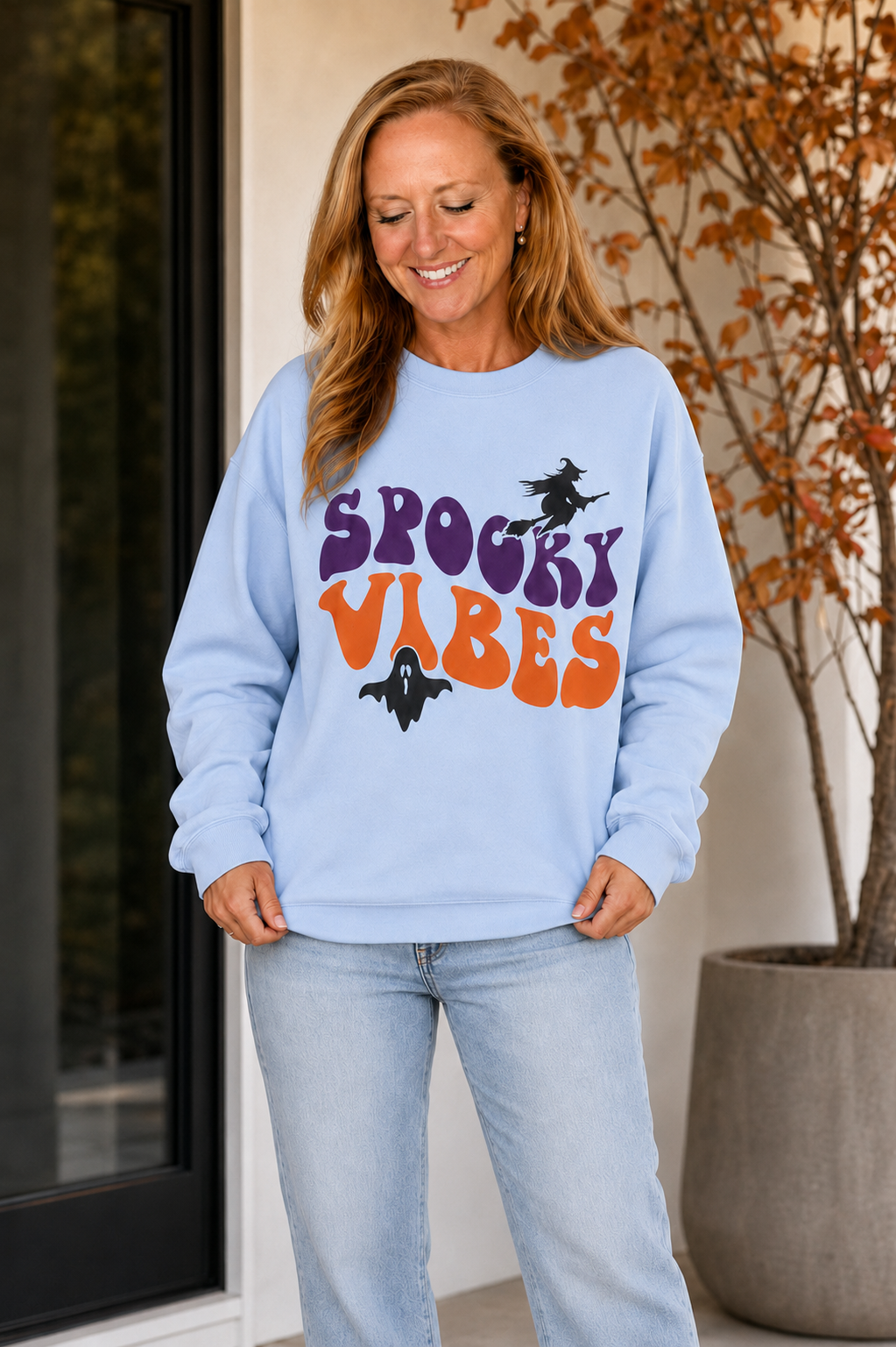 Spooky Vibes Halloween Witch & Ghost Crewneck Sweatshirt
