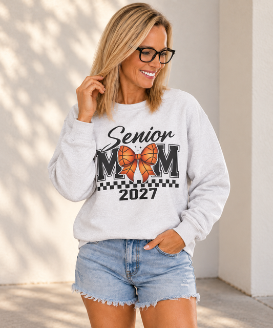 Senior Mom 2027 Basketball Bow Crewneck Sweatshirt