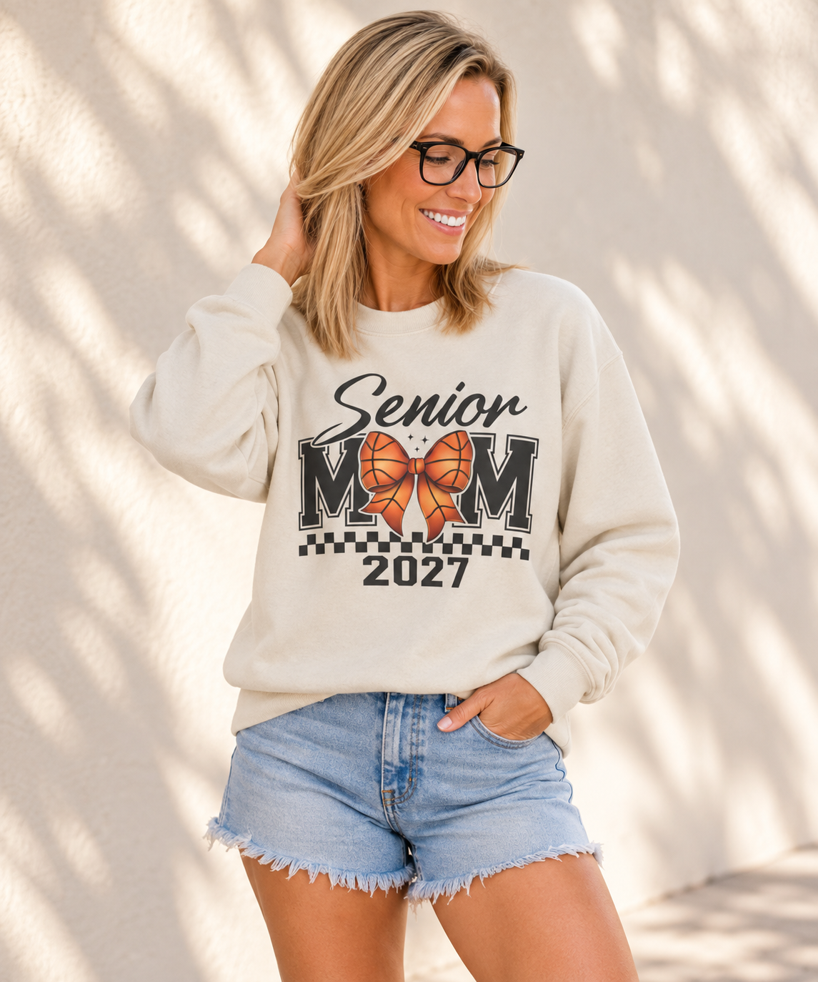 Senior Mom 2027 Basketball Bow Crewneck Sweatshirt