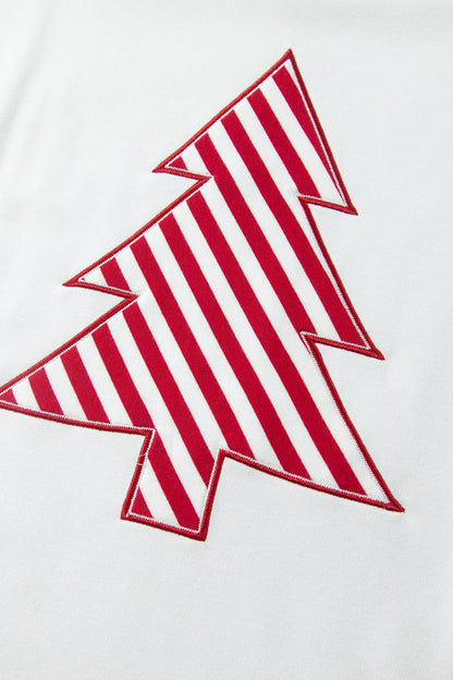 White Striped Contrast Christmas Tree Patchwork Puff Sleeve Top