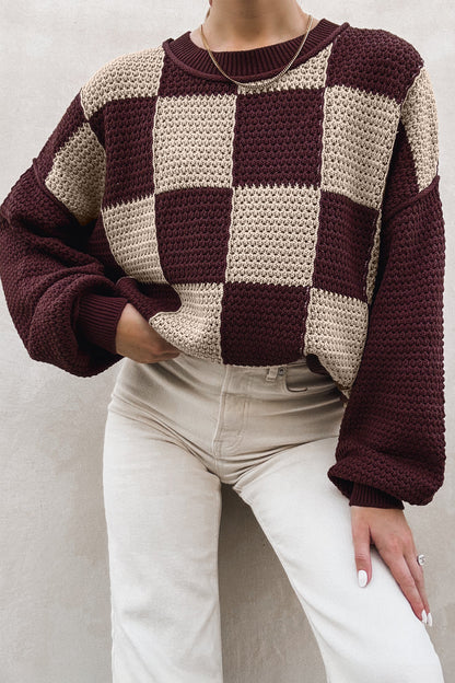 Checkered Drop Shoulder Knit Sweater