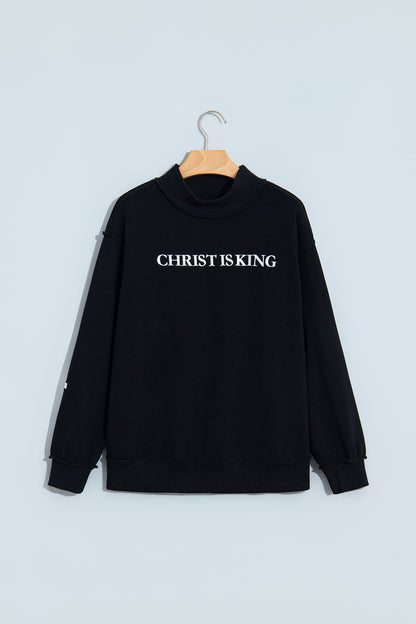 Beige CHRIST IS KING Embroidery High Neck Baggy Sweatshirt