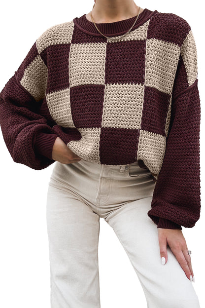 Checkered Drop Shoulder Knit Sweater