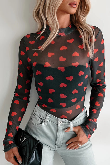 Black Valentines Heart Printed Sheer Mesh Long Sleeve Top
