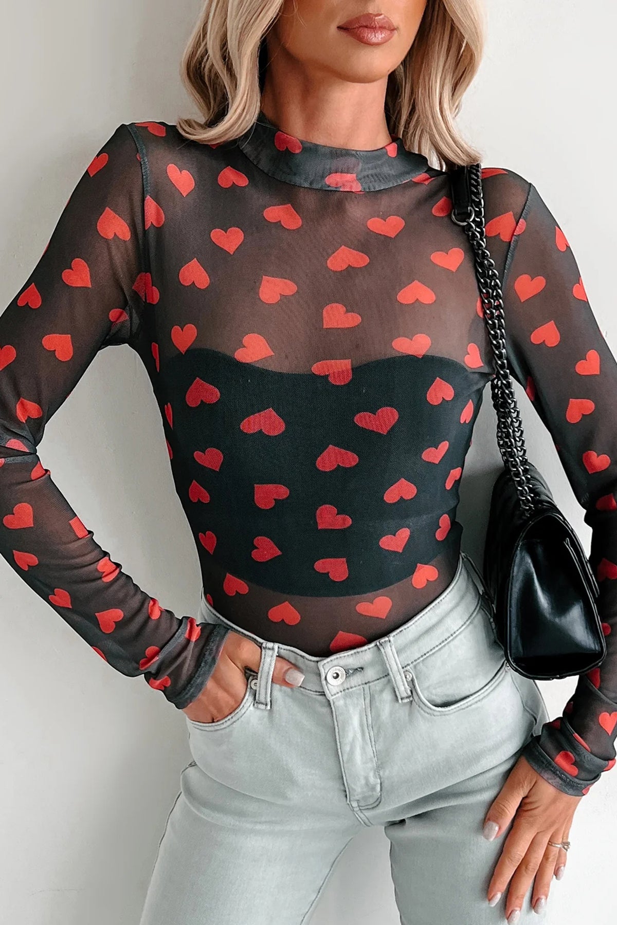 Black Valentines Heart Printed Sheer Mesh Long Sleeve Top