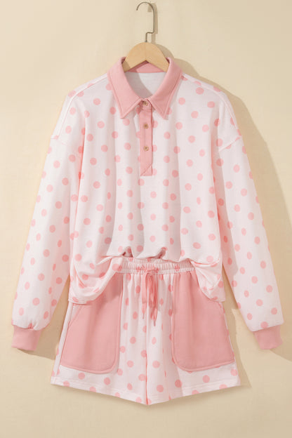 Khaki Polka Dot Drop Shoulder Polo Loose Pullover Patch Pocket Casual Shorts Set