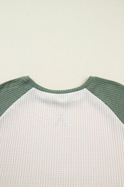 Mist Green Plus Size Waffled Color Block Long Sleeve Top