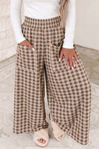 Brown Plaid Elastic Waist Patch Pocket Wide Leg Pants