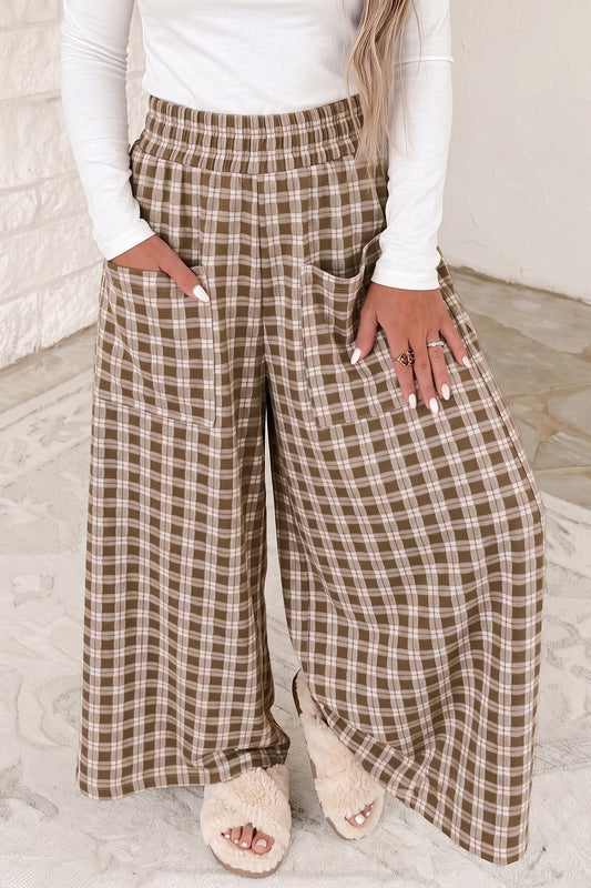 Brown Plaid Elastic Waist Patch Pocket Wide Leg Pants