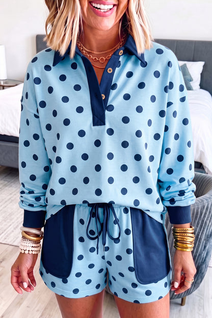 Khaki Polka Dot Drop Shoulder Polo Loose Pullover Patch Pocket Casual Shorts Set