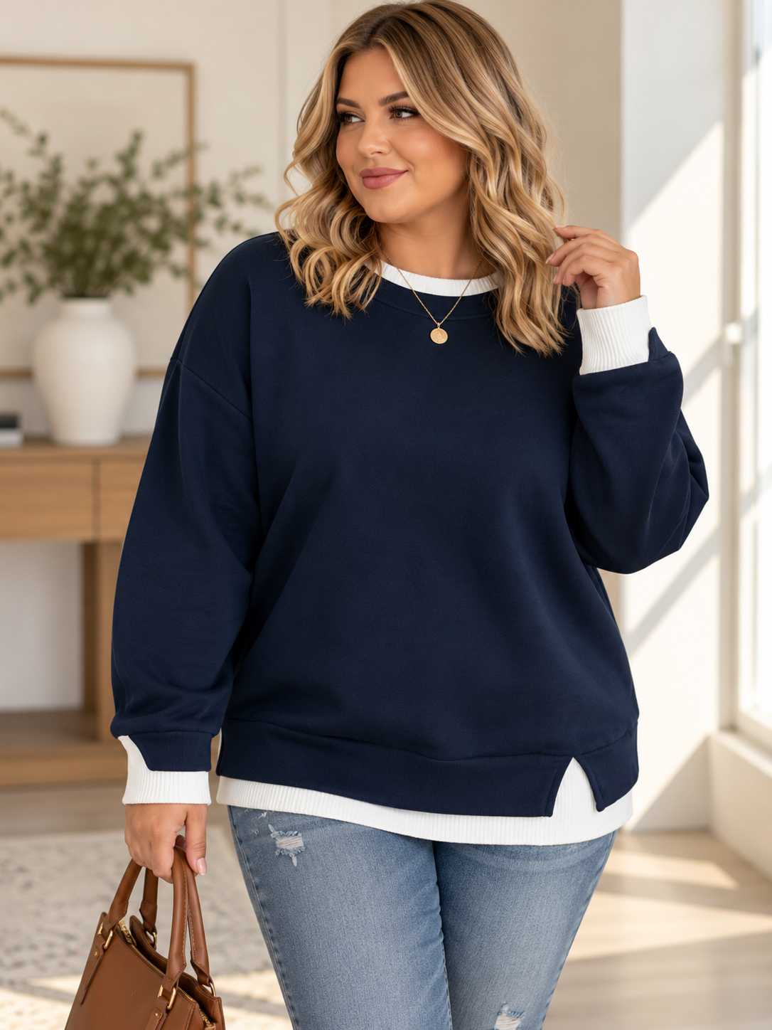 Layered Look Side Slit Sweatshirt