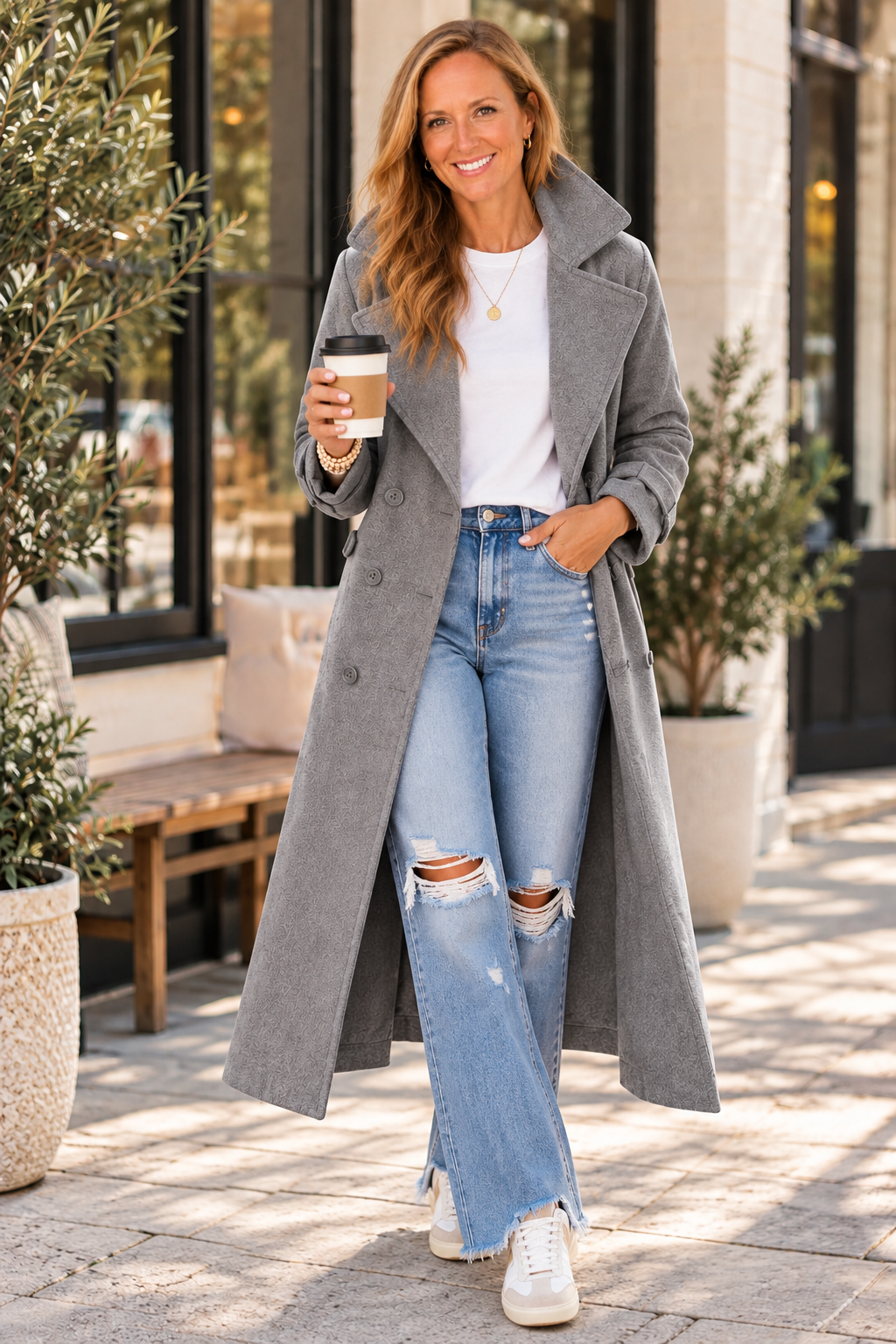 Double-Breasted Long Trench Coat
