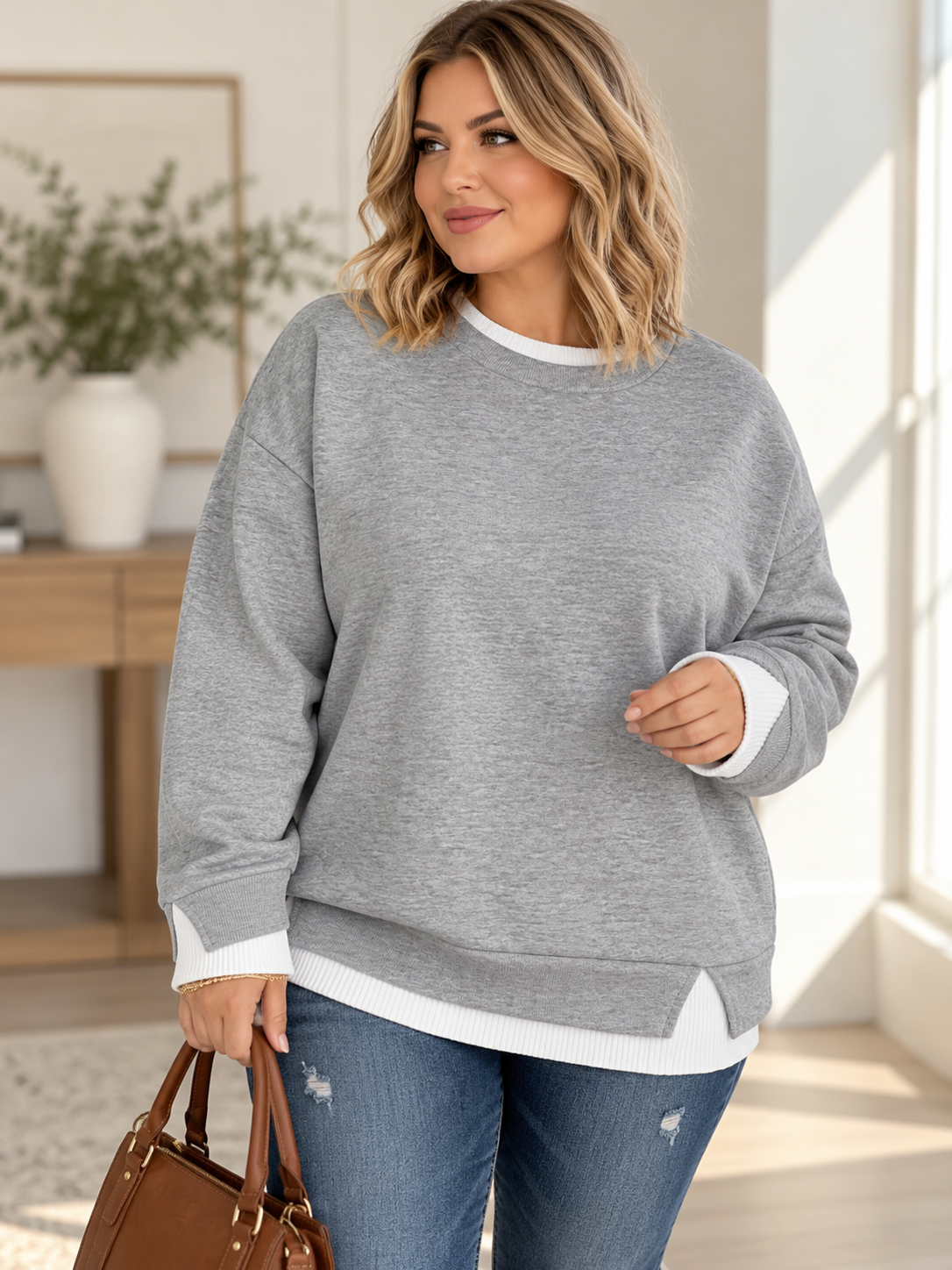 Layered Look Side Slit Sweatshirt