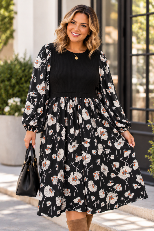 Floral Pint Long Sleeve Midi Dress