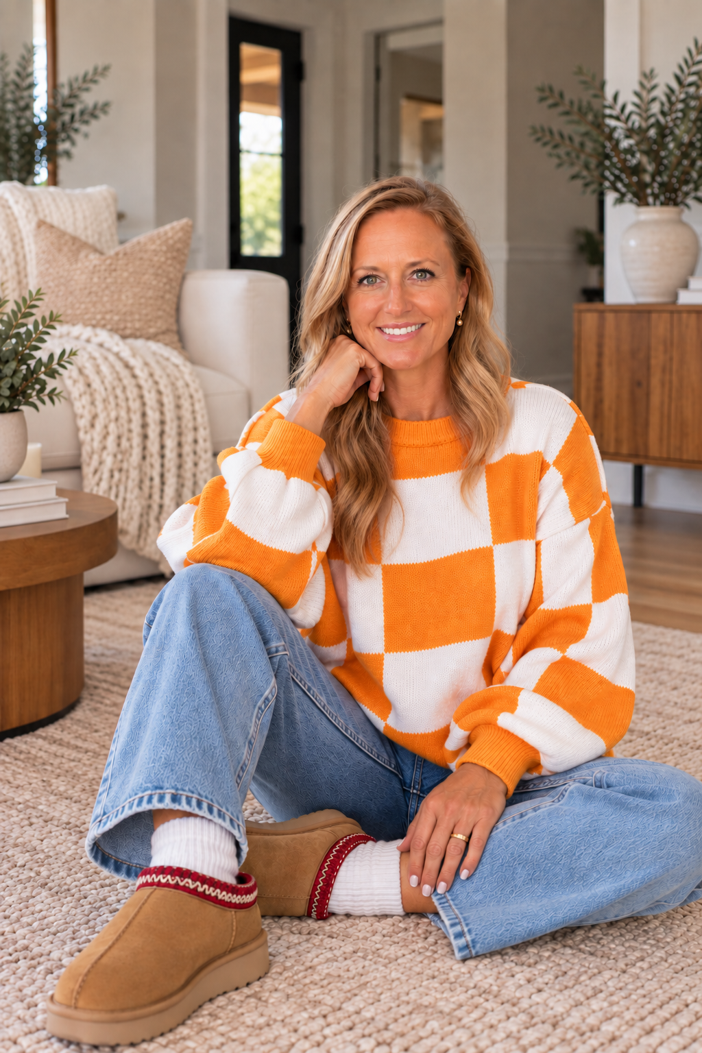 Checkered Bishop Sleeve Sweater