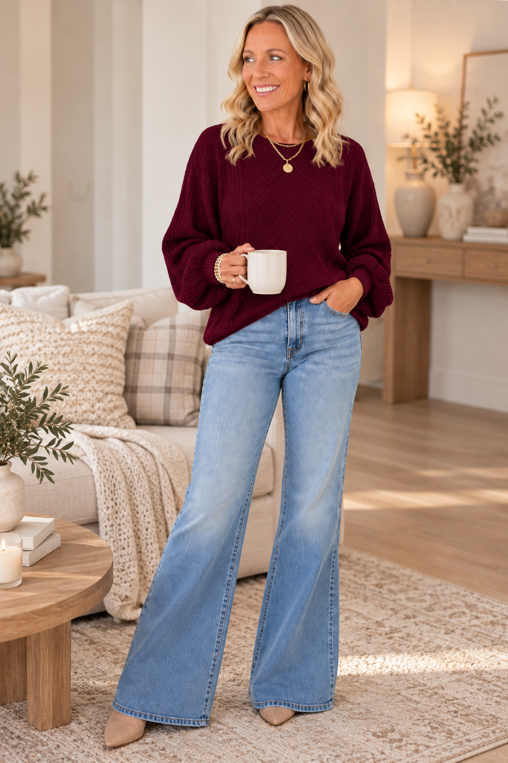 Argyle Pattern Lantern Sleeve Knit Sweater