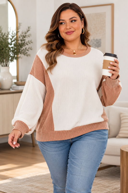Mixed Texture Colorblock Long Sleeve Top