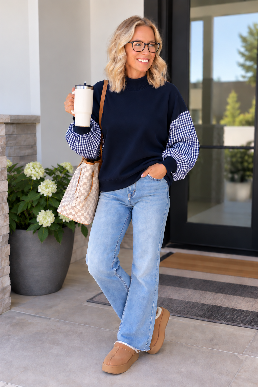 Plaid Sleeve Colorblock Mock Neck Tunic Sweatshirt