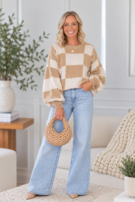 Checkered Bishop Sleeve Sweater