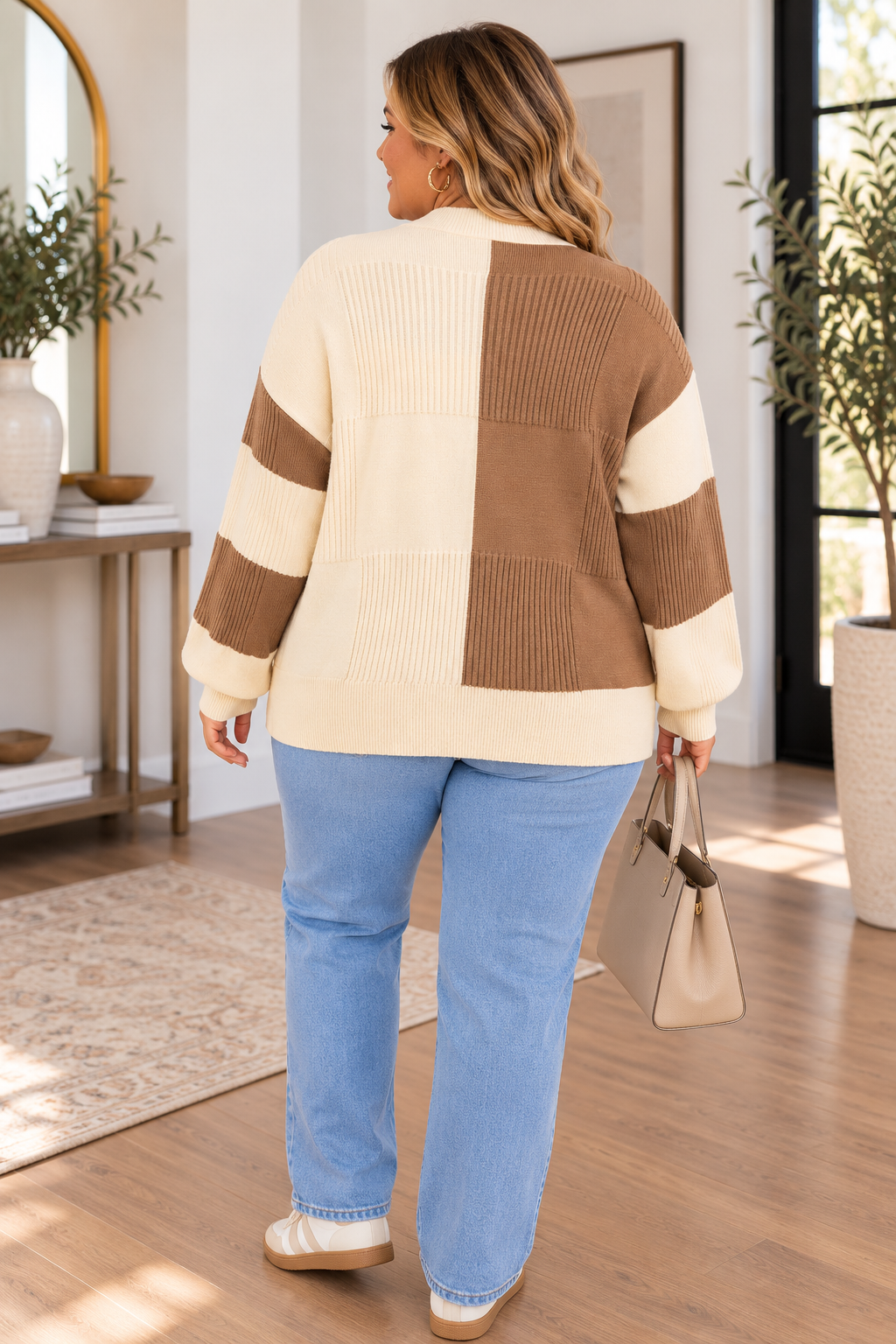 Checkered Colorblock Knit Cardigan