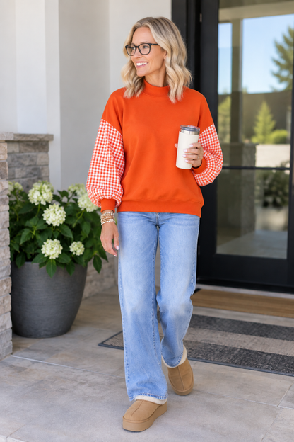 Plaid Sleeve Colorblock Mock Neck Tunic Sweatshirt