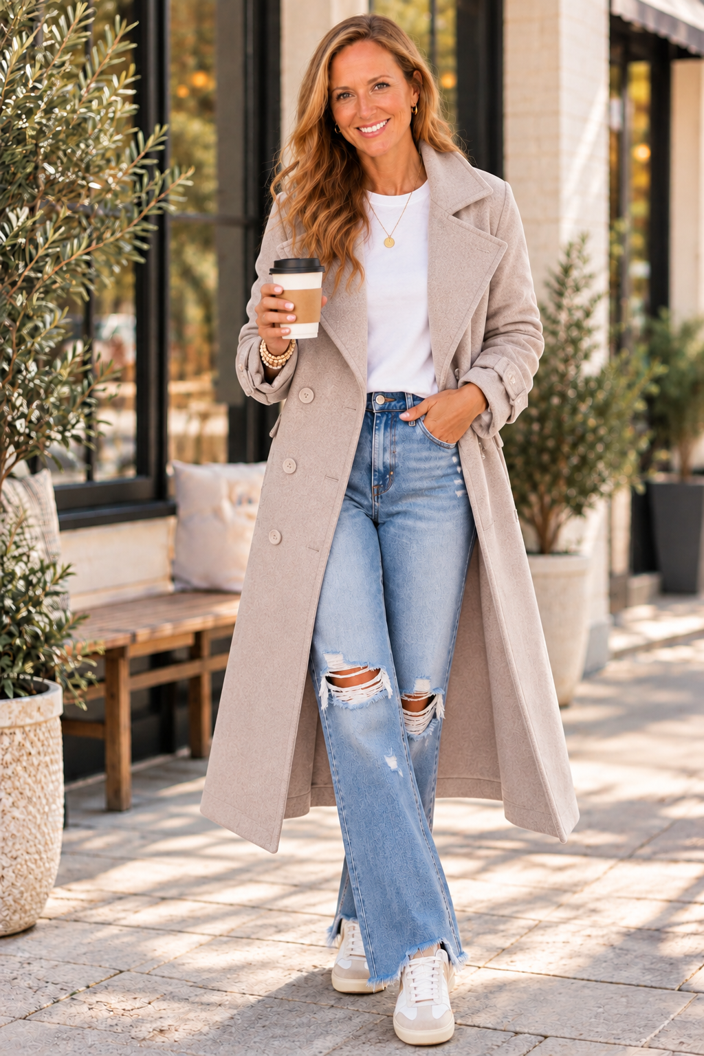Double-Breasted Long Trench Coat