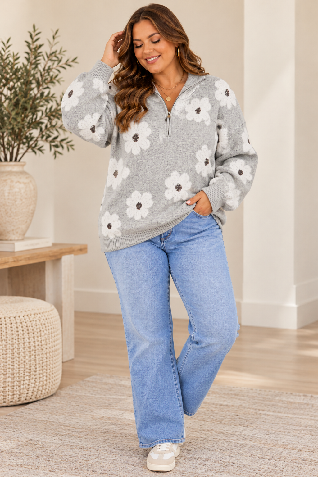 Floral Embroidered Zip-Up Sweater