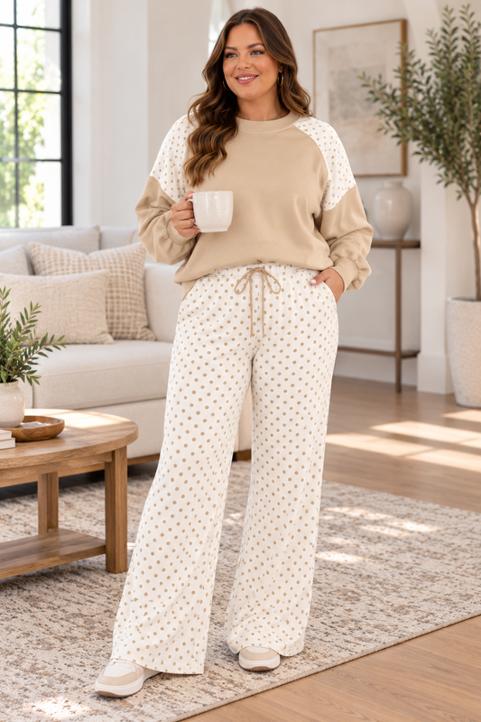 Polka Dot Sleeve Colorblock Wide Leg Lounge Set