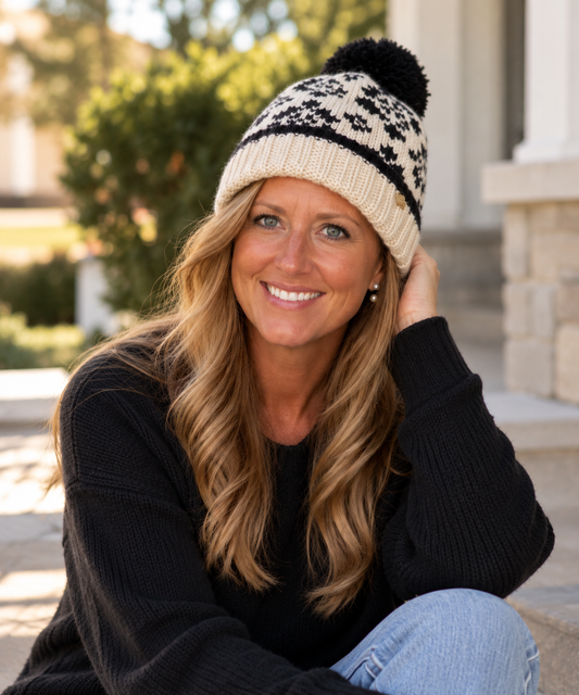 Snowflake Knitted Beanie Hat with Pom Pom