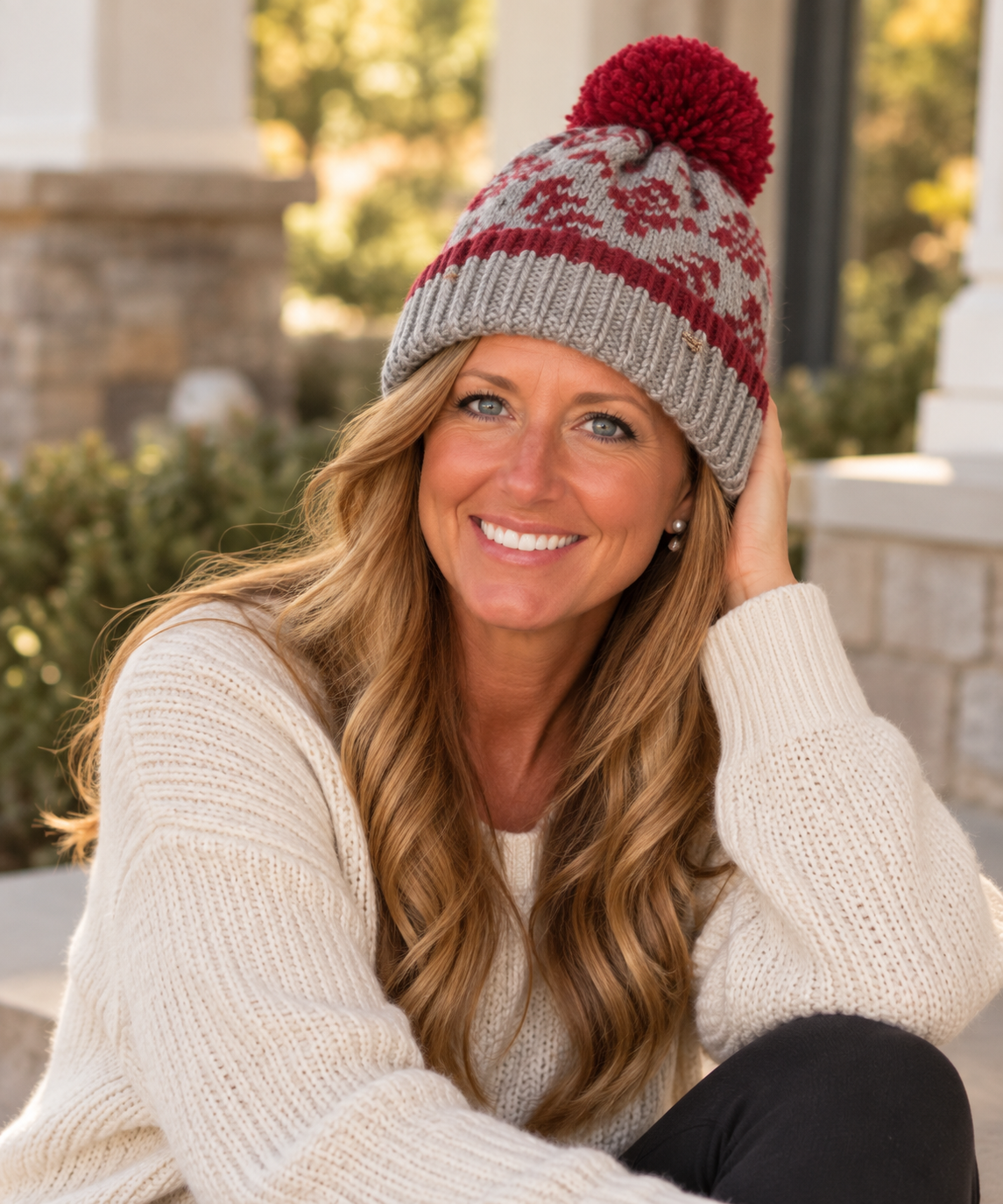 Snowflake Knitted Beanie Hat with Pom Pom