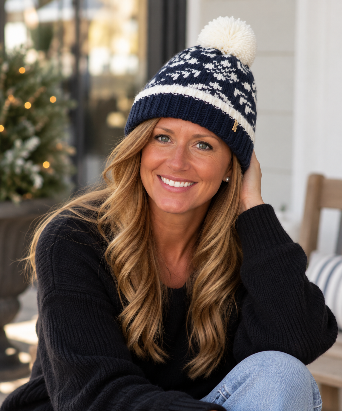 Snowflake Knitted Beanie Hat with Pom Pom