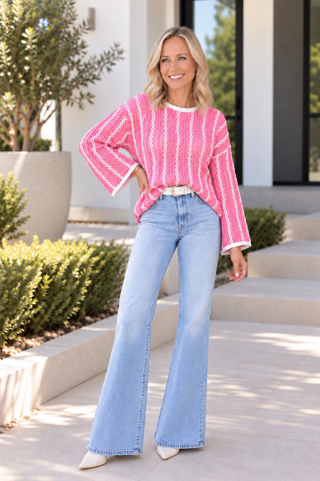 Wavy Eyelet Knit Sweater
