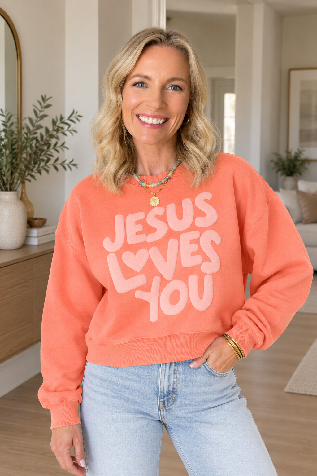 Jesus Loves You Puff Letter Graphic Sweatshirt