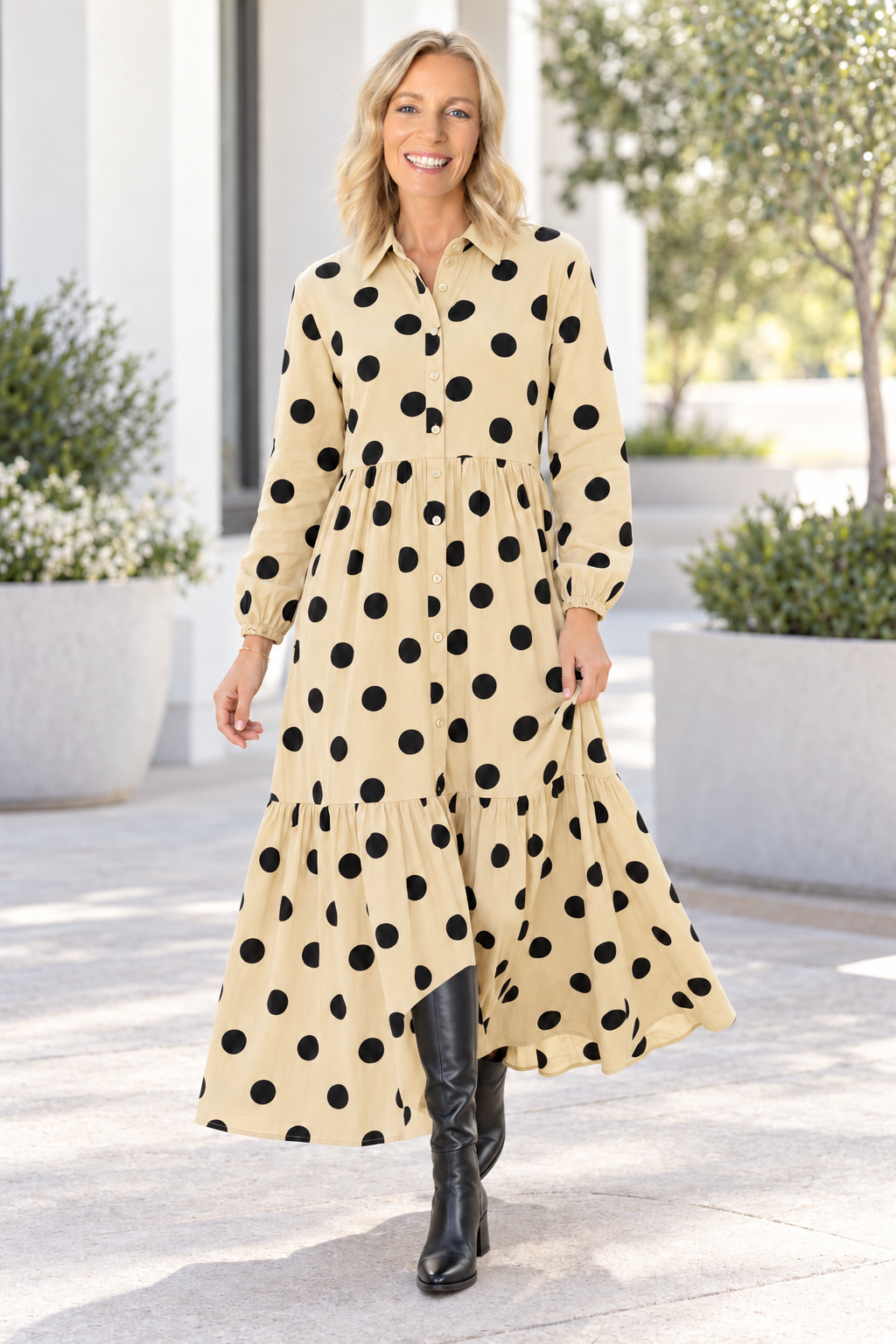 Polka Dot Button Front Maxi Dress