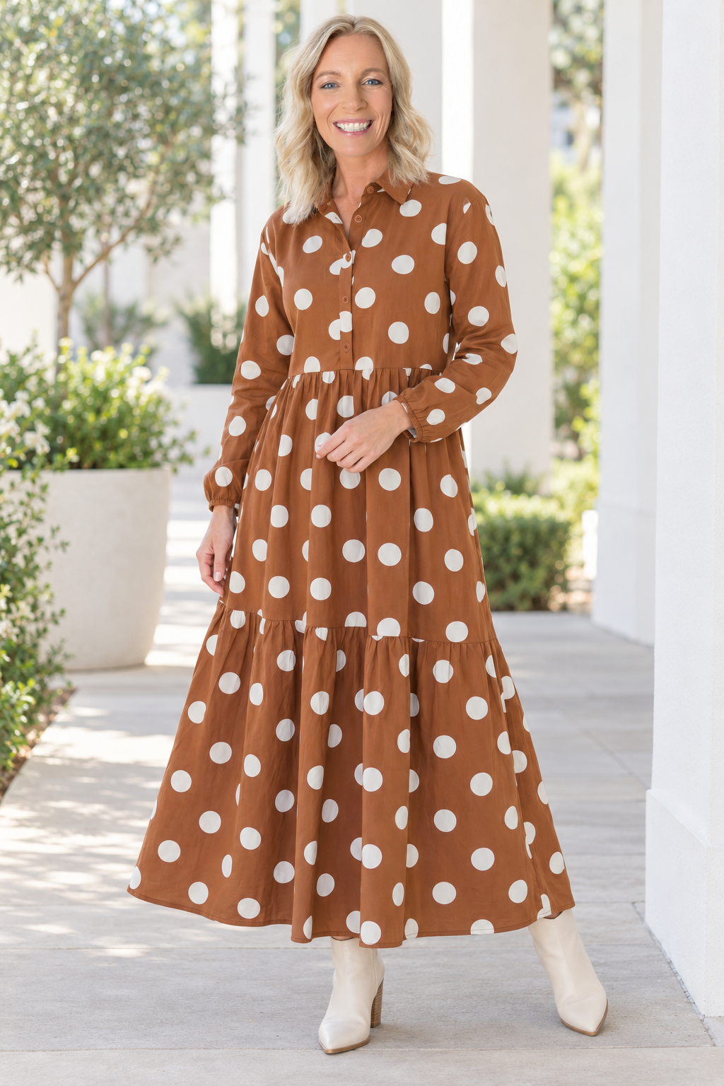 Polka Dot Button Front Maxi Dress