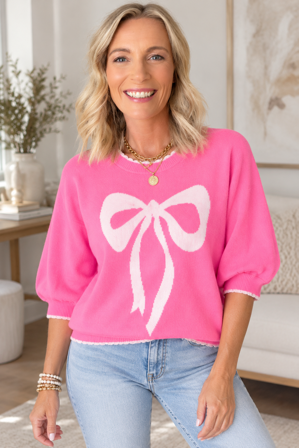 Ribbon Bow Contrast Stitch Drop Shoulder Sweater
