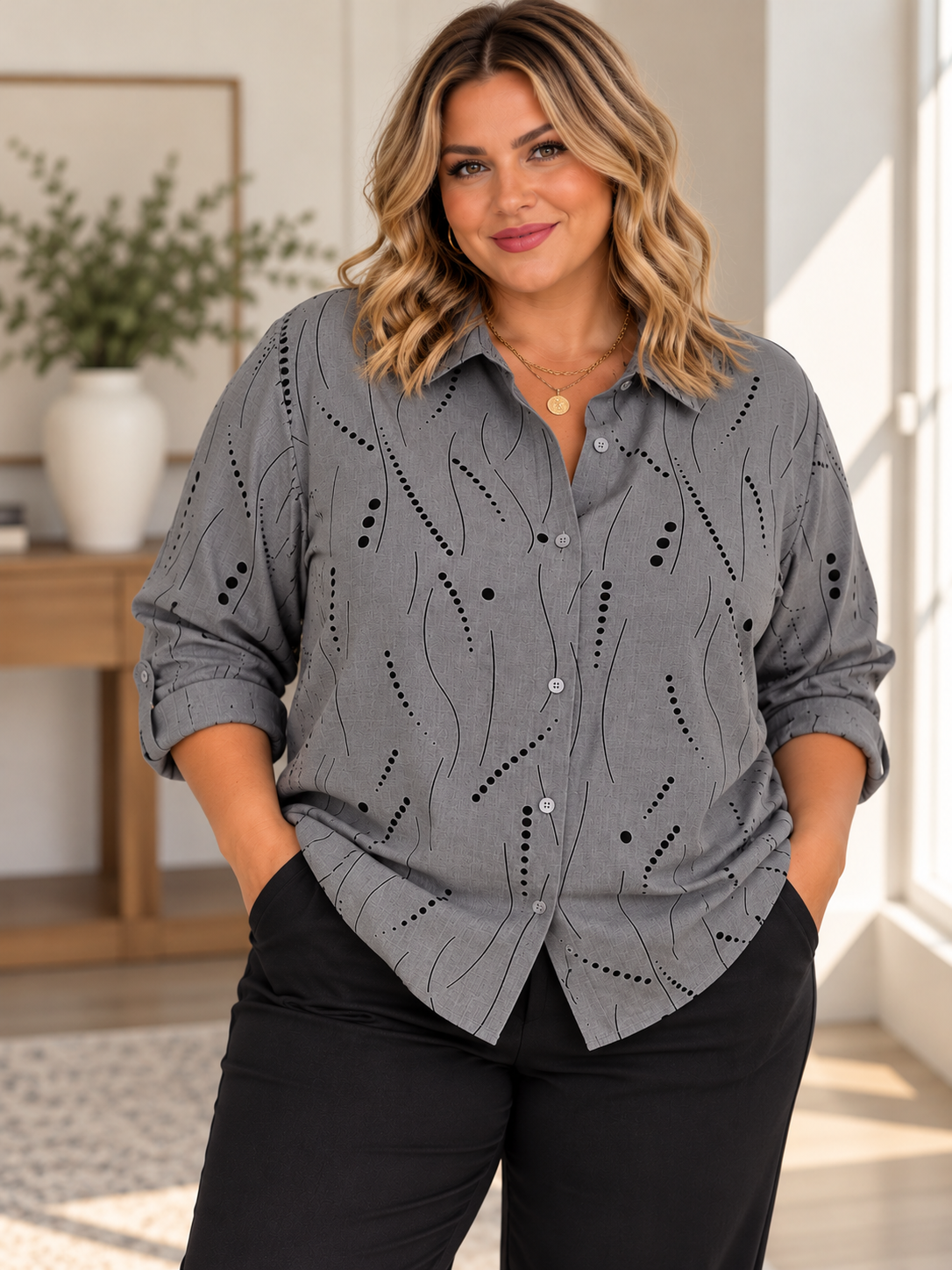 Abstract Print Button Down Blouse