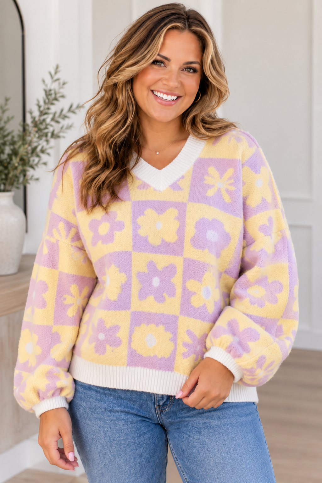 PLAID FLORAL V-NECK TUNIC SWEATER
